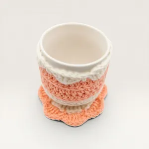 Handmade Cotton Crochet Peach Rose Mug Set with Coaster