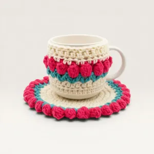 Handmade Cotton Crochet Pink Tulip Mug Set with Coaster