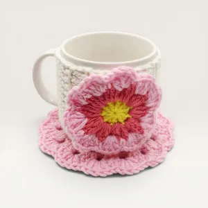 Handmade Cotton Crochet Pink Daisy Mug Set with Coaster
