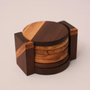 Walnut and Olive Wood Coaster Set with Holder 6 Pieces