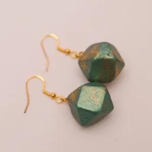 Green Faceted Kamalika Wood Earrings with Gold Hook