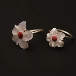 Red Cherry Blossom Ring in Mother-of-Pearl Coral and Silver Free Size