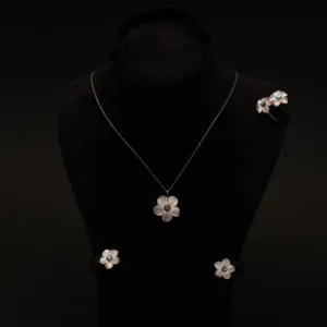 Green Cherry Blossom Mother-of-Pearl Silver Jewellery Set 3 Pieces