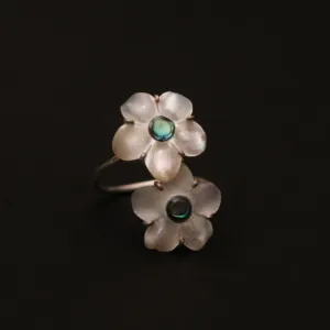 Green Cherry Blossom Double Flower Silver Ring Free Size
