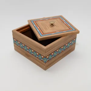 Handmade Wooden Keepsake Box with Teal Diamond Detail