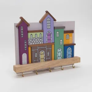 Wooden Pastel Neighborhood Facade Wall Key Holder - 20 x 16 cm
