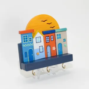 Wooden Sunrise Colorful Houses Wall Key Holder - 12 x 12 cm