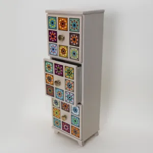 Handmade Wooden Mini Drawer Cabinet with Patterned Tiles