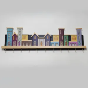 Handmade Wooden Pastel City Wall Key Holder - 50 x 15 cm