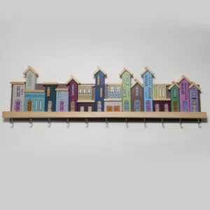 Handmade Wooden Blue Pastel City Wall Key Holder - 50 x 15 cm