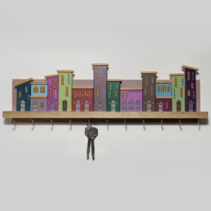 Handmade Wooden Wide City Skyline Key Holder - 45 x 14 cm