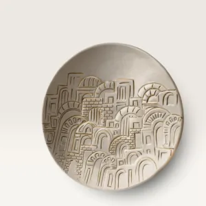 Hand-Carved White Ceramic Nostalgia Houses Plate with 12K Gold, Ø27 cm