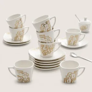 Handmade White Ceramic Coffee Cup Set with 12K Gold