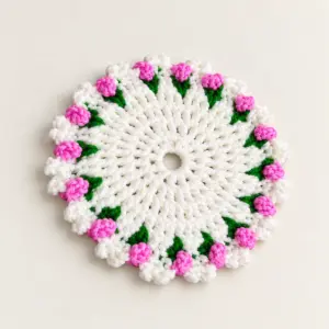Handmade Crochet Floral-Edge Cup Coaster in White and Pink