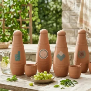 Alkaline Blue Terra Clay Bottle Set Handmade 950ml (Calligraphy)