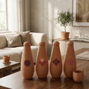Alkaline Maroon Terra Clay Bottle Set Handmade 950ml (Calligraphy or Pattern)