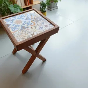 Small Ceramic Accent Table - Pine Wood Pattern Top - 33x33x44 cm