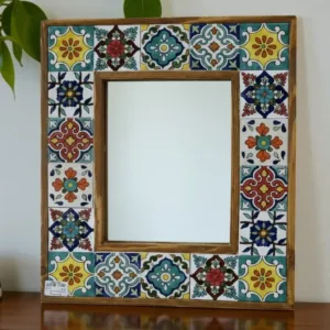 Handcrafted Small Ceramic Mirror - Pine Wood Artistic Frame - 40x48 cm