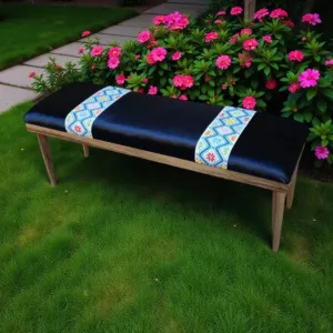 بنش خشب التيك - مقعد قماشي مبطن إسفنج بتصميم عصري - كغ - 42×34×121 سم