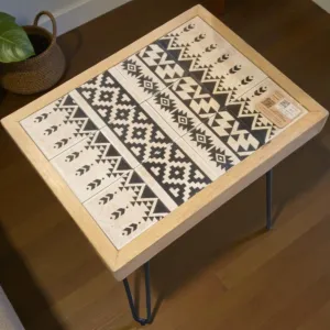 Handcrafted Rectangular Ceramic Table - Teak Wood & Iron - 44x34x50 cm