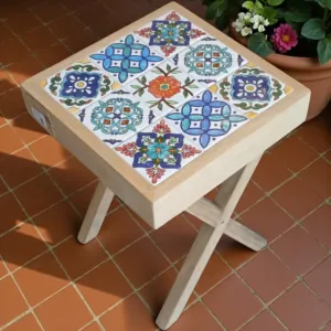 Square Ceramic Table - Teak Wood with Hand-Painted Top - 45x45x47 cm