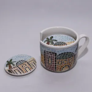 Ceramic Coaster Set with Holder - 5 Pieces - Mosaic Art - 12x12x8 cm