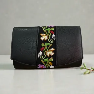 Handmade Embroidered Black Leather Clutch Crossbody Bag, 20×13 cm