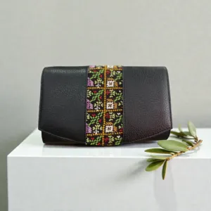 Handmade Embroidered Black Leather Clutch Crossbody Bag, 20×13 cm