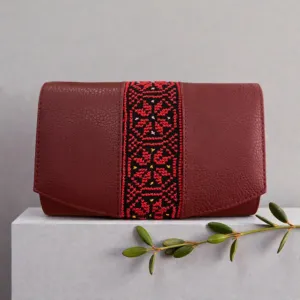 Handmade Embroidered Red Leather Clutch Crossbody Bag, 20×13 cm