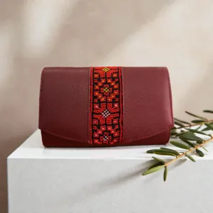 Handmade Embroidered Red Leather Clutch Crossbody Bag, 20×13 cm