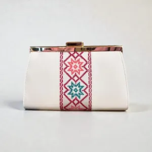 Handmade Embroidered White Leather Clutch Handbag, 20×13 cm