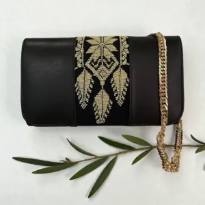Handmade Embroidered Black Leather Clutch Crossbody Bag, 20×13 cm