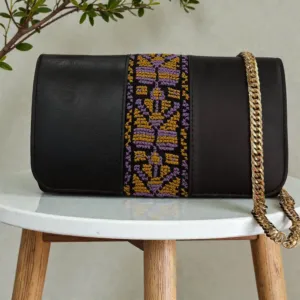 Handmade Embroidered Black Leather Clutch Crossbody Bag, 20×13 cm