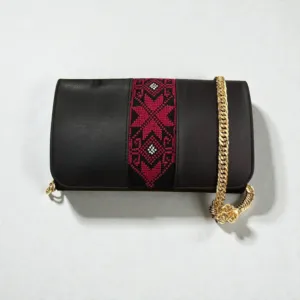 Handmade Embroidered Black Leather Clutch Crossbody Bag, 20×13 cm
