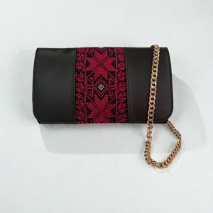 Handmade Embroidered Black Leather Clutch Crossbody Bag, 20×13 cm