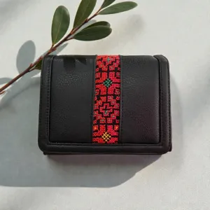 Handmade Embroidered Square Crossbody Bag in Black Leather, 18×14 cm