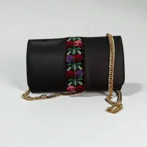 Handmade Embroidered Black Leather Clutch Crossbody Bag, 20×13 cm