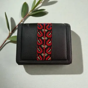 Handmade Embroidered Square Crossbody Bag in Black Leather, 18×14 cm