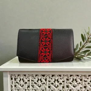 Black Embroidered Clutch Crossbody Bag Leather Gold Chain 20×13 cm